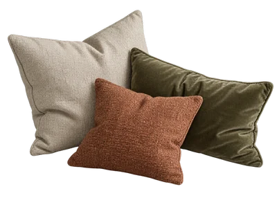 Two velvet pillows leaning against each other.
