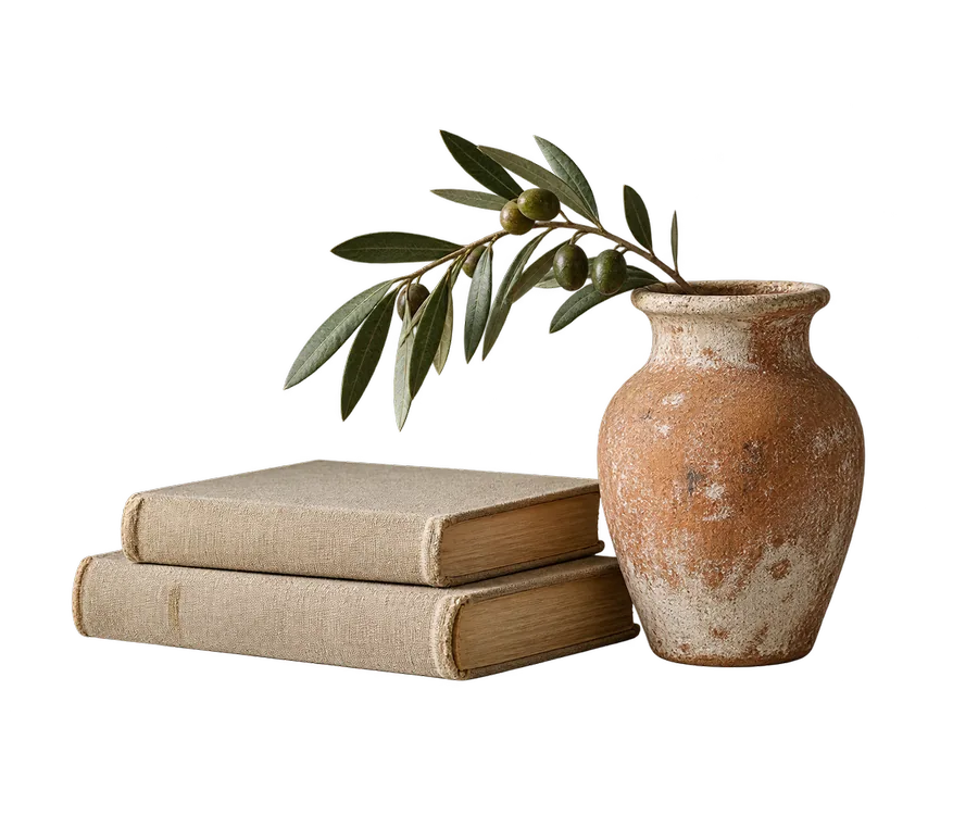 A small vase standing beside two books laid flat.