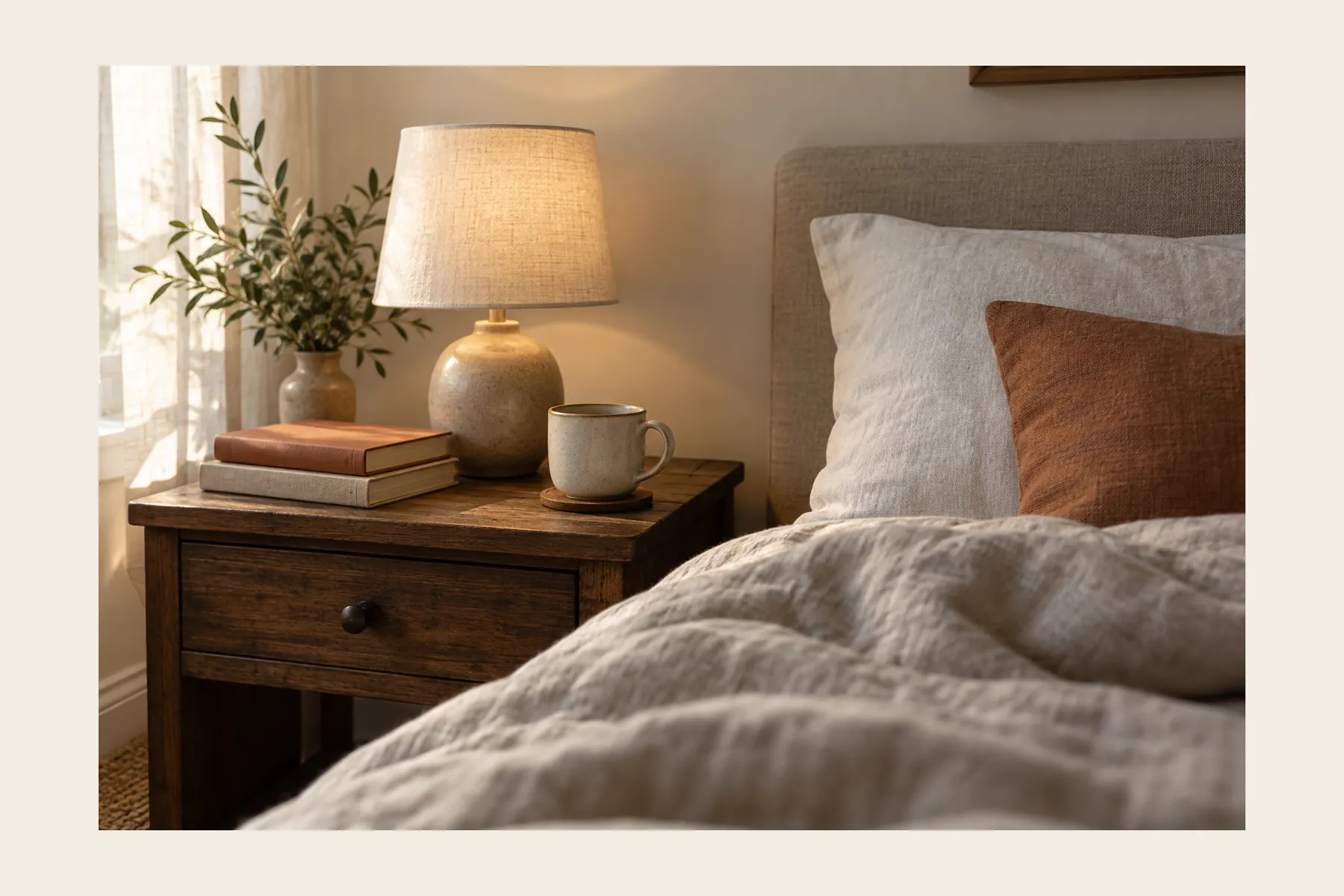A dark wood nightstand beside an upholstered bed: a ceramic table lamp with a linen shade switched on, two stacked books, a stoneware mug on a coaster and a vase of olive branches, with a rust linen cushion against a white pillow.