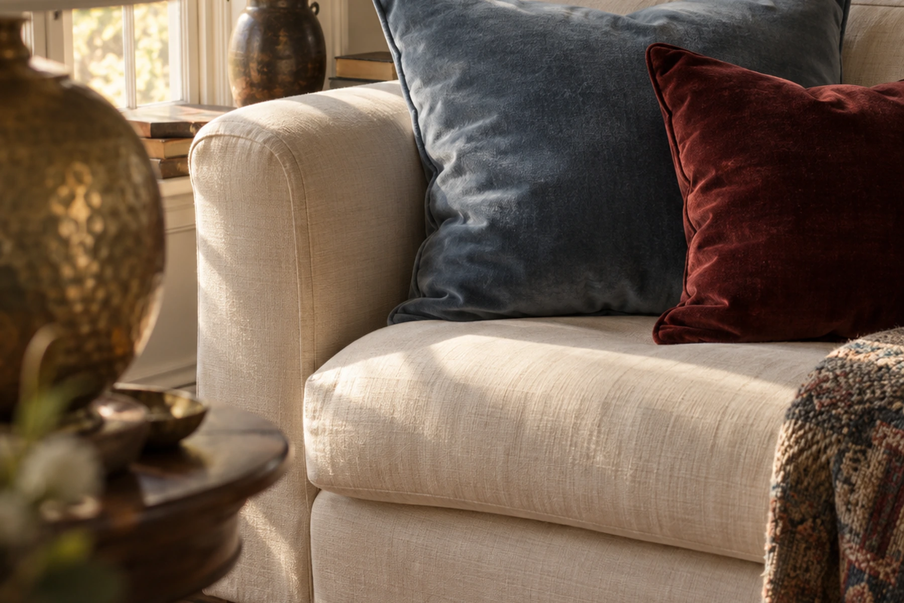 The corner of a cream linen sofa seen close: a large dusty blue velvet cushion against the back and a smaller deep oxblood velvet cushion in front of it, with a patterned throw over the arm at the right and a hammered brass lamp base out of focus at the left edge.