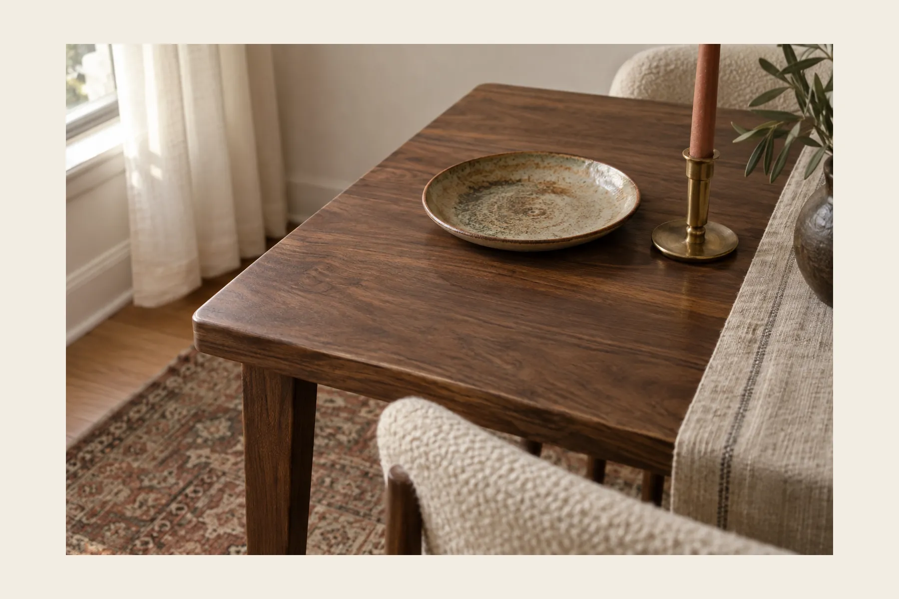 The corner of a dark walnut dining table with a glazed ceramic bowl, a brass candlestick and a linen runner, a boucle chair pulled in underneath, and a faded red patterned rug reaching past the table leg.