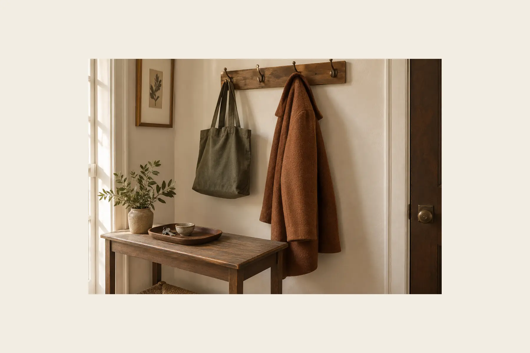 A walnut rail with five brass hooks against a cream wall: a canvas tote on one and a brown teddy coat on another, three hooks left empty, above a wooden bench with a tray and a potted olive plant.