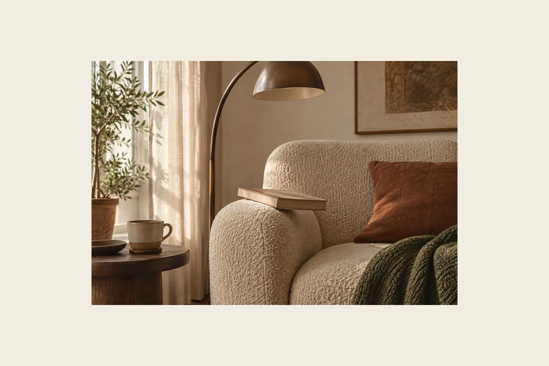 A cream boucle armchair with an open book laid flat on its rounded arm, a brass arc lamp curving overhead, an olive knit throw and a terracotta linen cushion on the seat, and a dark round side table holding a stoneware mug.