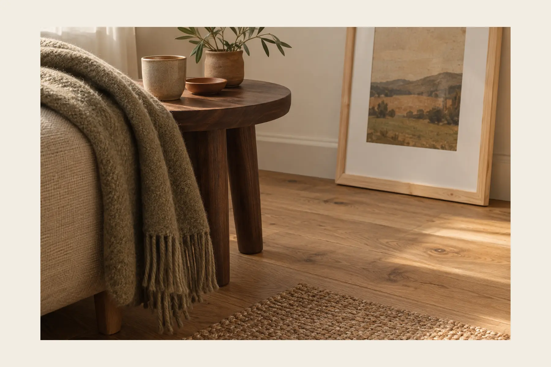 A round walnut side table with two stoneware cups and a small potted olive branch, a sage wool throw with fringe over the arm of a cream sofa, oak floorboards, a jute rug and a framed landscape leaning against the wall.