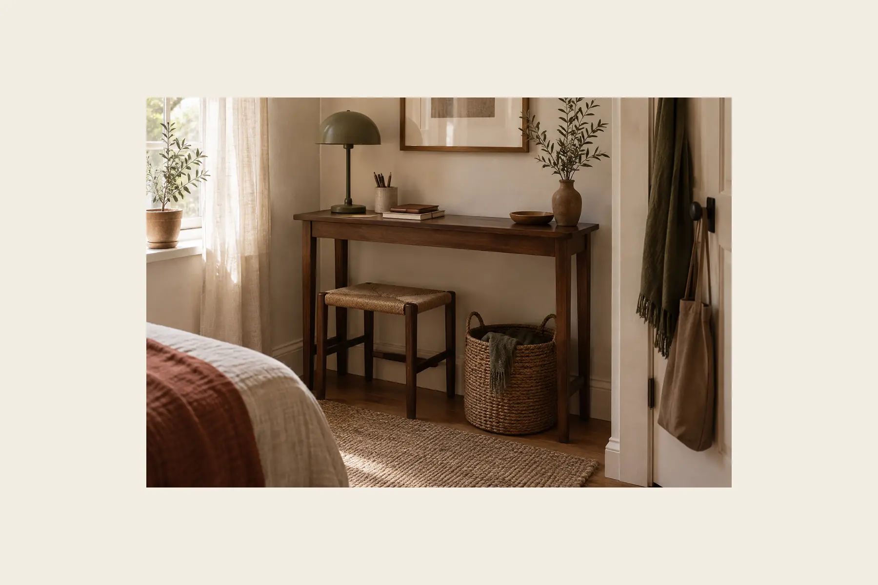 A narrow console table used as a desk against a bedroom wall, with a green dome lamp, a woven stool tucked underneath and a basket beside it, standing on a jute rug next to the foot of a bed with a rust blanket.