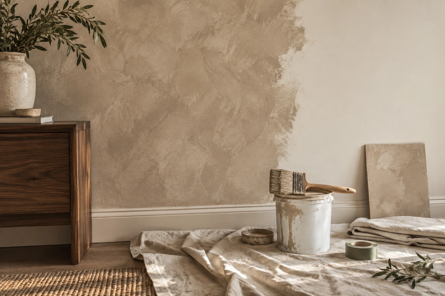 A living room wall half finished in limewash, with a wide brush resting across the top of a paint bucket on a dust sheet.
