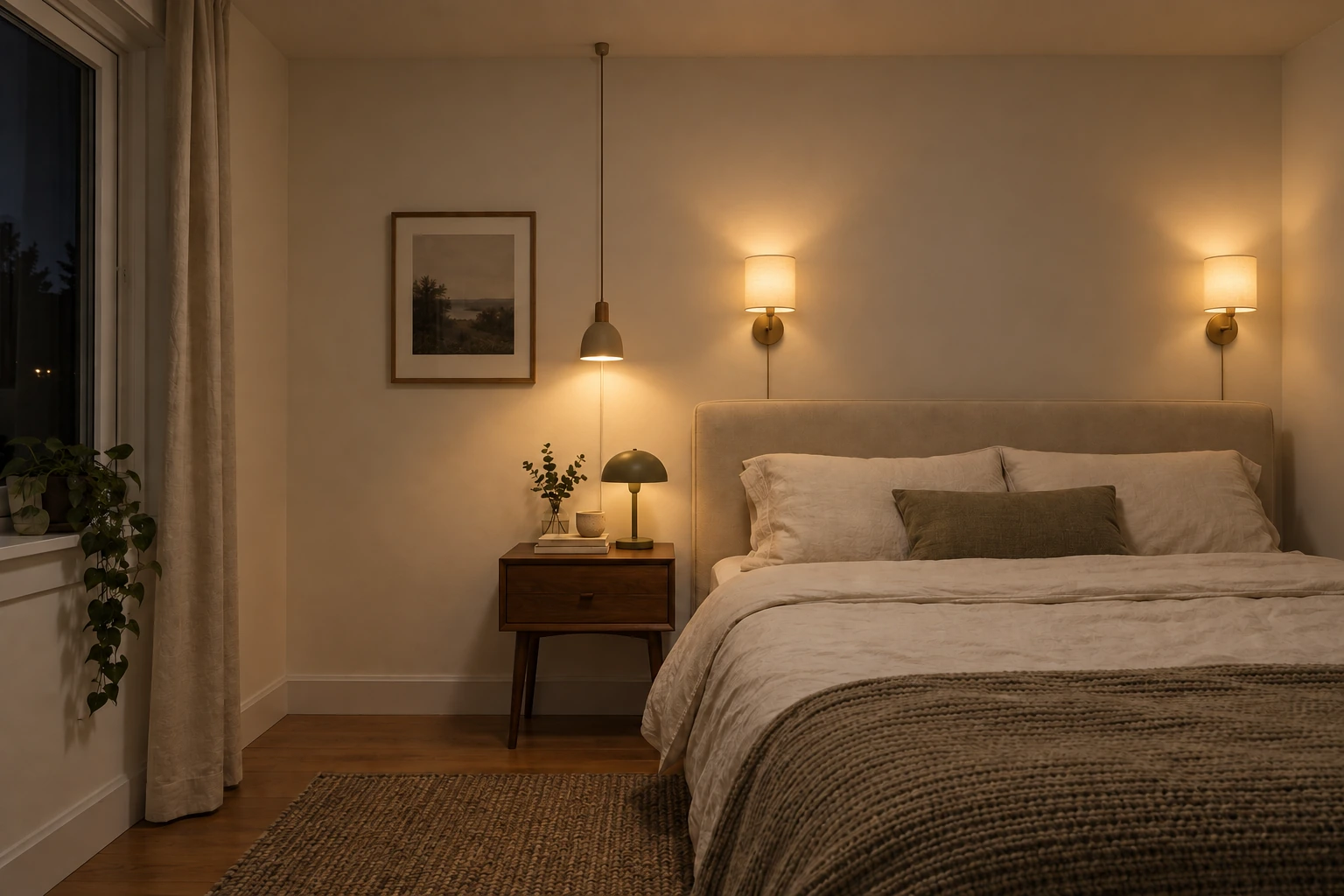 The same corner with two plug in sconces and a pendant lit and the ceiling light off, so the light sits at three different heights.