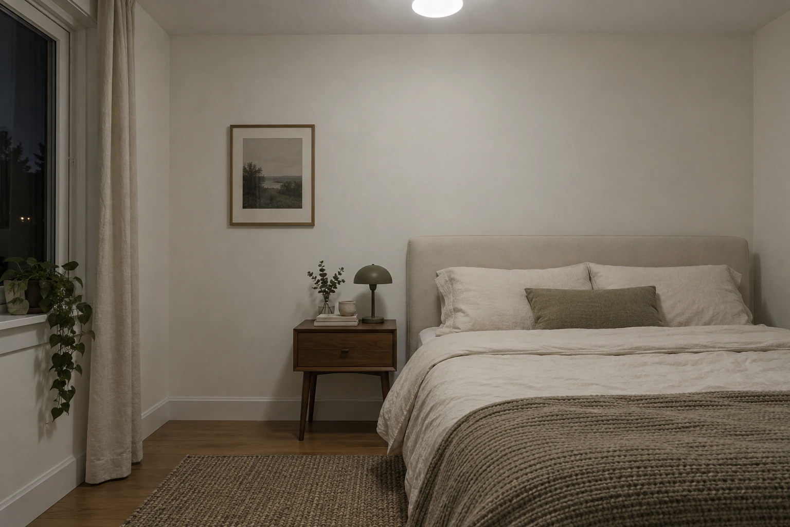 A rental bedroom corner at night lit only by the ceiling light, flat, with the light falling straight down.