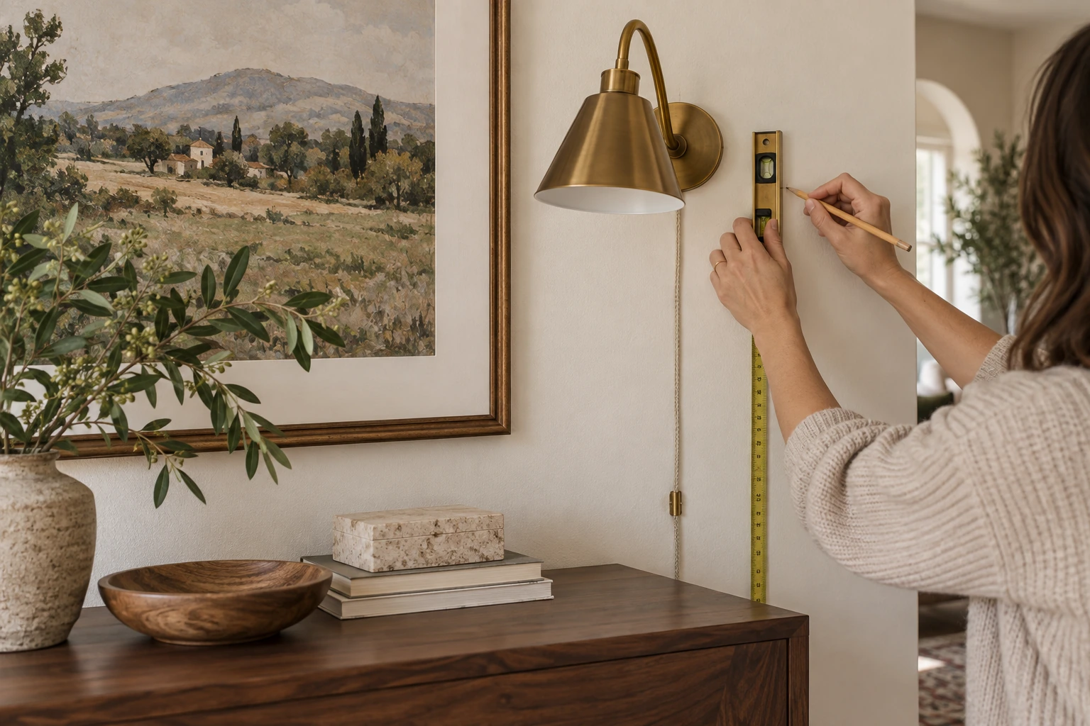 A hand pressing the mounting plate of a plug in sconce flat against the wall, the adhesive strips visible behind.