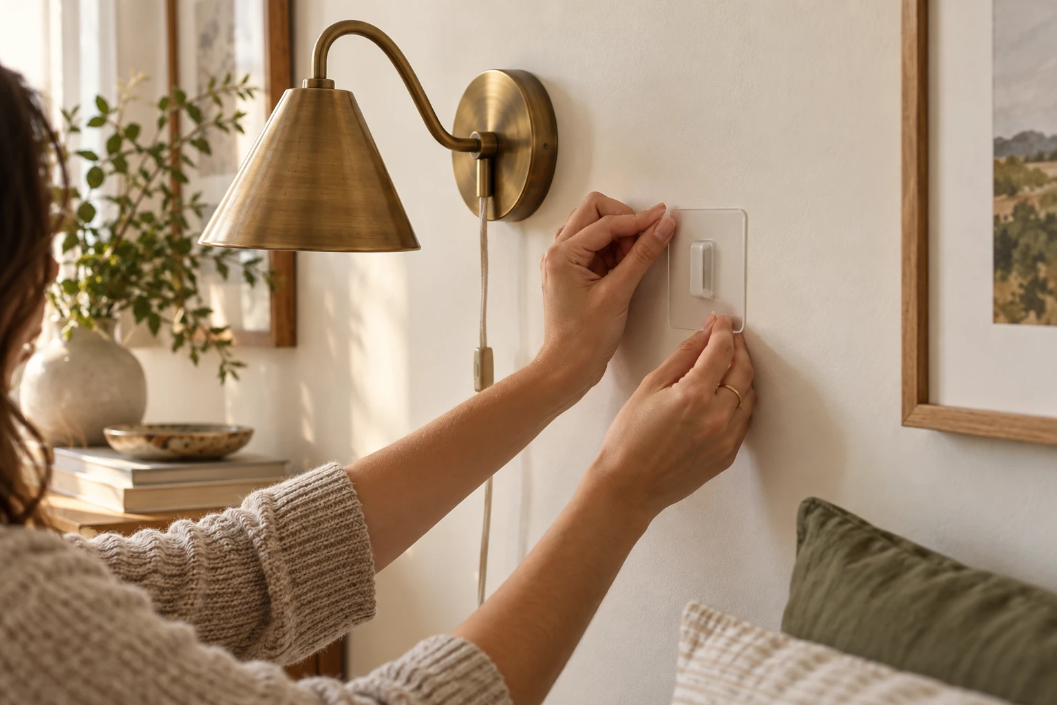 A white ceiling hook with the lamp cord through it, curving gently toward the wall.