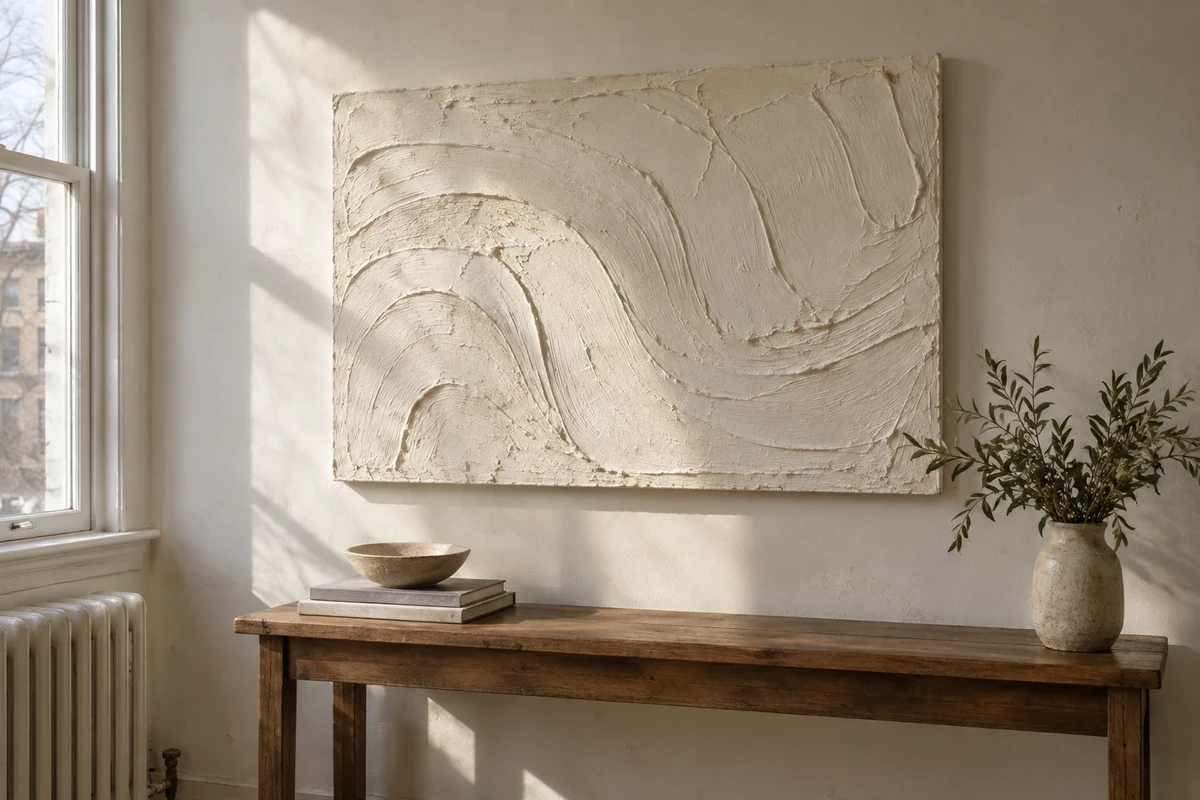 A large plaster-textured canvas hung above a rustic console table, with a bowl, a stack of books and a vase of greenery below it.