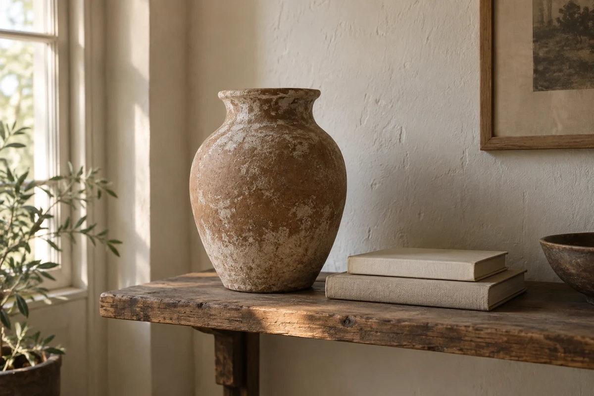 A terracotta pot with a chalky weathered finish standing on a rough wooden table beside two books and a shallow bowl.