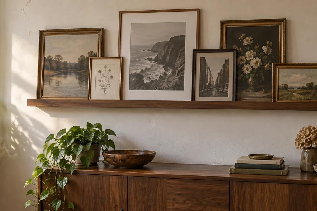 Six framed landscape and botanical prints leaning and overlapping on a narrow wooden picture ledge above a walnut sideboard.