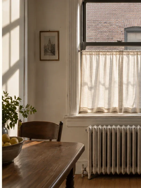 A half-height cafe curtain on a tension rod across the lower part of a kitchen window, with the radiator and a bowl of fruit below.
