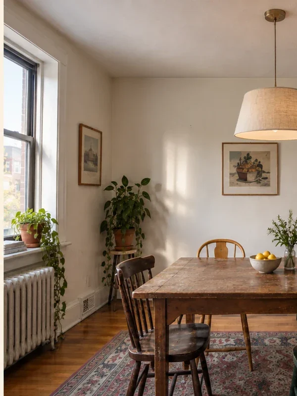 A linen drum pendant hanging over a wooden dining table, in place of the flush ceiling fixture.