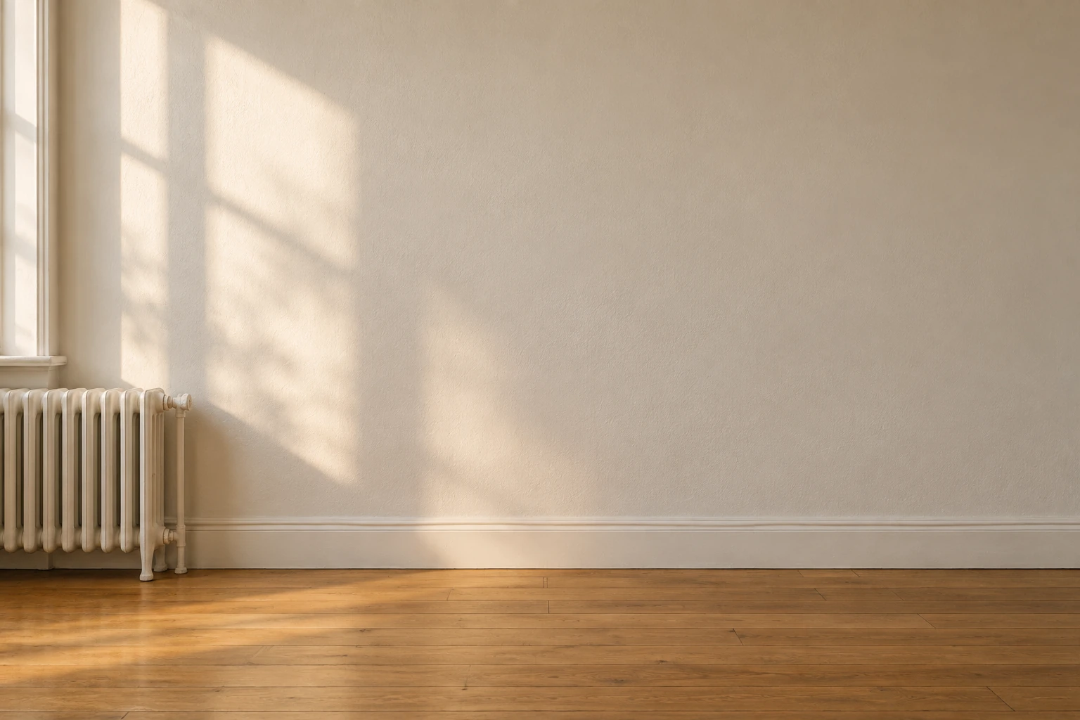 The bare off-white rental wall before, with the baseboard and radiator.