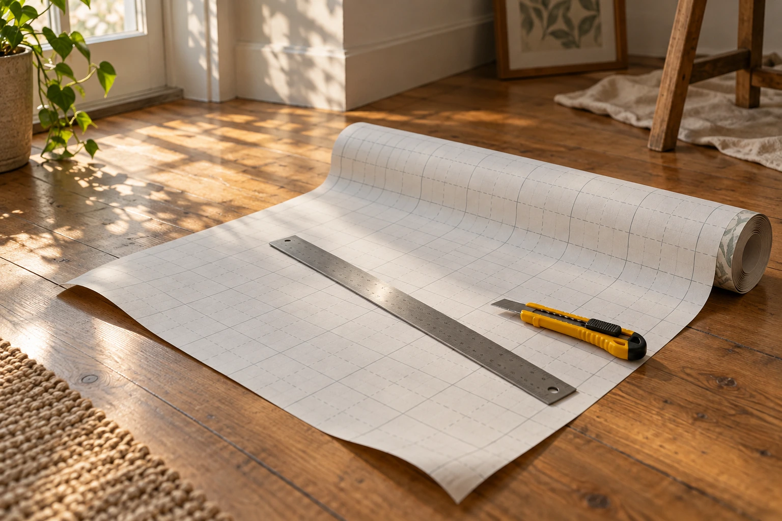 A roll of wallpaper unrolled face down, the printed grid on the backing visible, a utility knife and a metal ruler on top.
