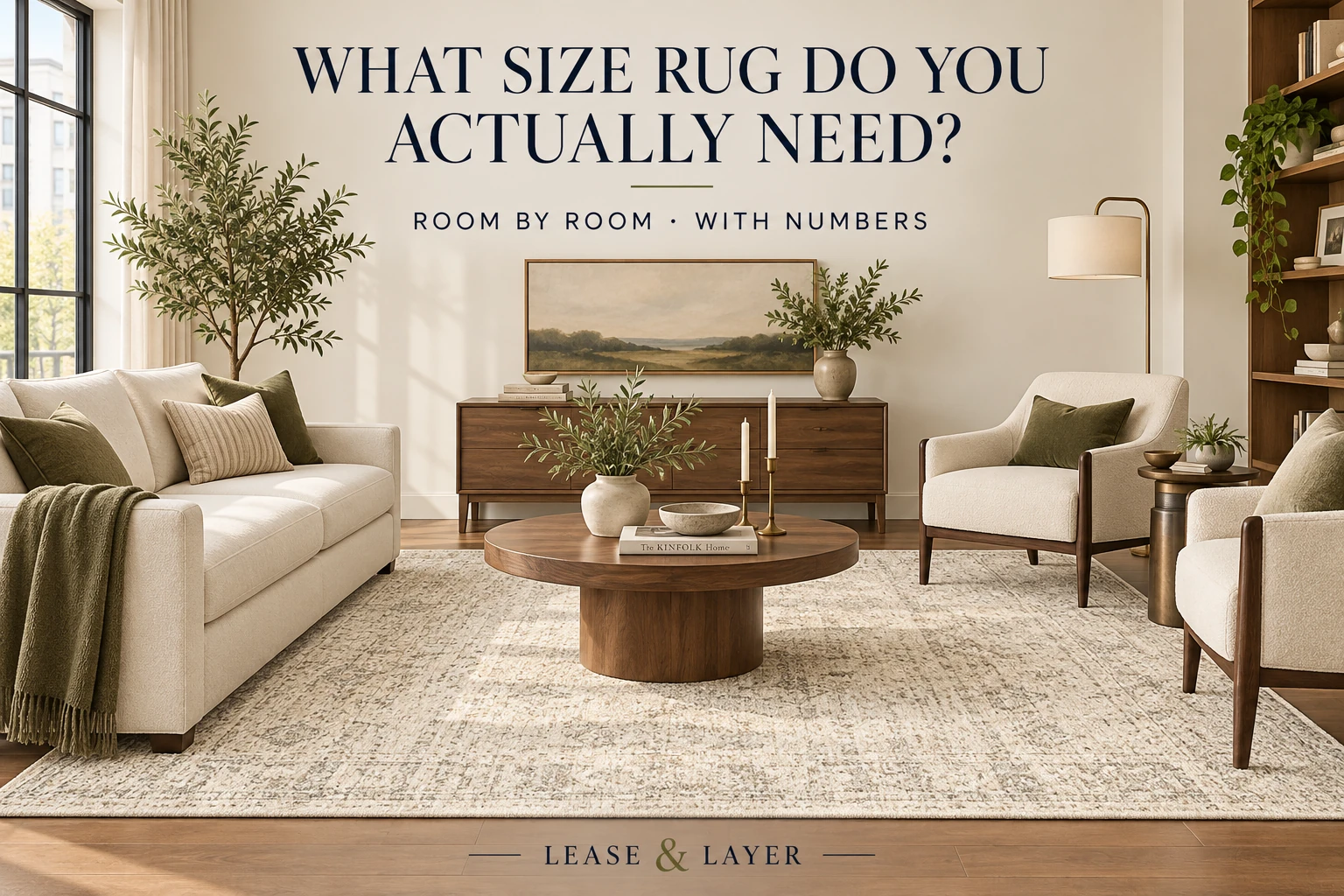 Lease and Layer rug size guide cover in a warm neutral living room.