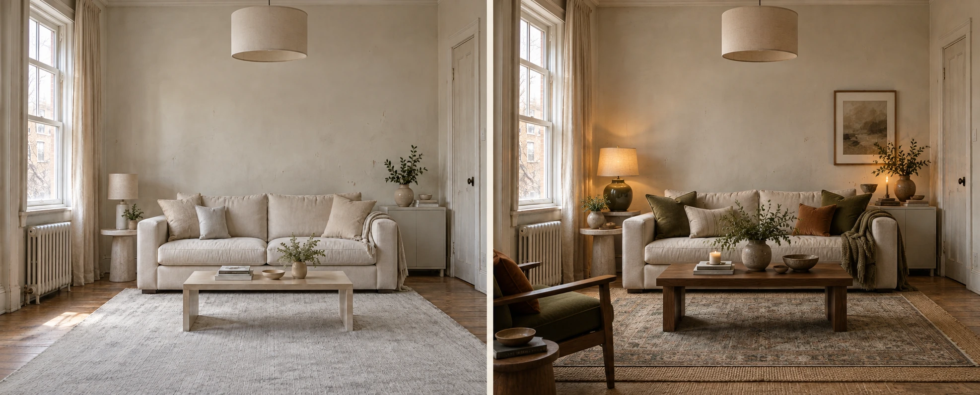 The same rental living room twice: flat beige and one ceiling light on the left, a dark frame, a knit throw, a lit lamp and a tall plant on the right.