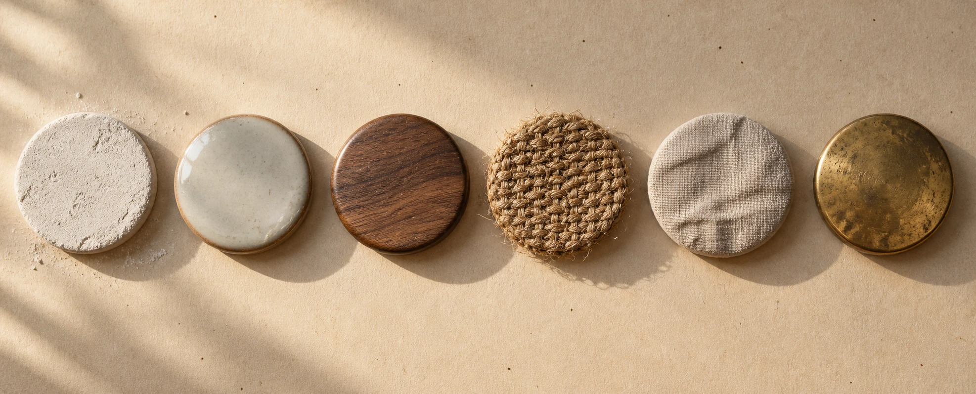 Six material swatches in a row: matte plaster, glazed ceramic, smooth linen, woven jute, chunky wool knit and dark wood, each catching the light differently.