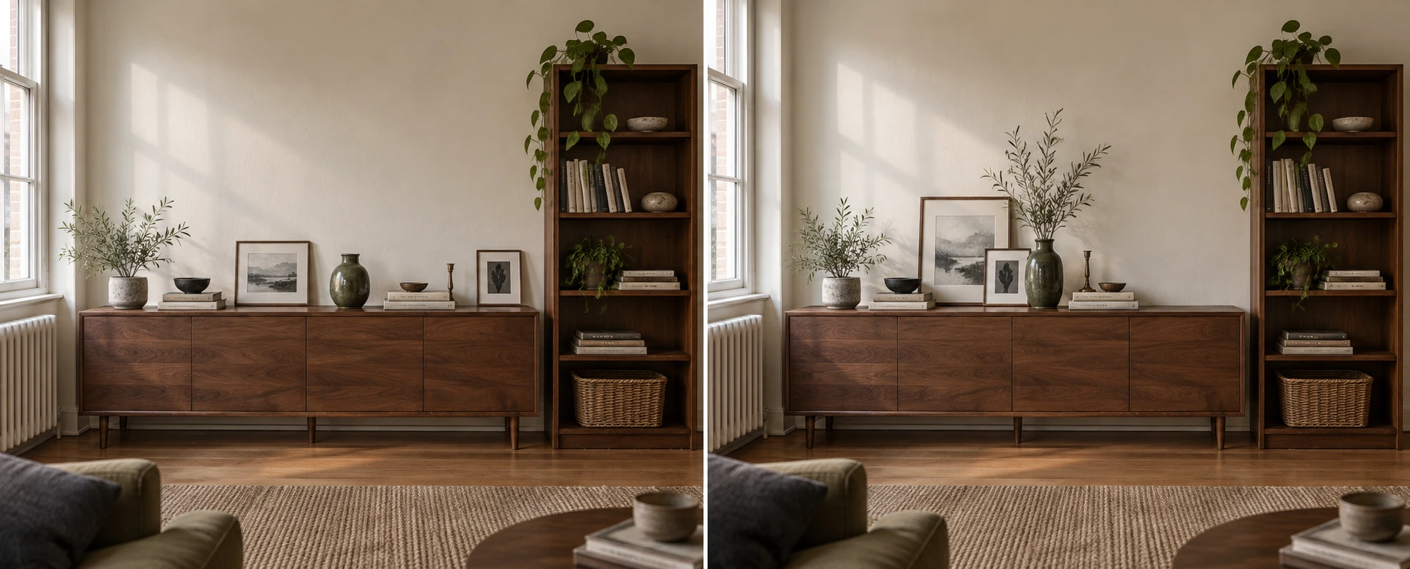 A rental living room seen from the side. Sofa back, console, coffee table and sideboard all finish at roughly the same height, and a dotted line runs across the tops of all four to show the flat line the eye follows.