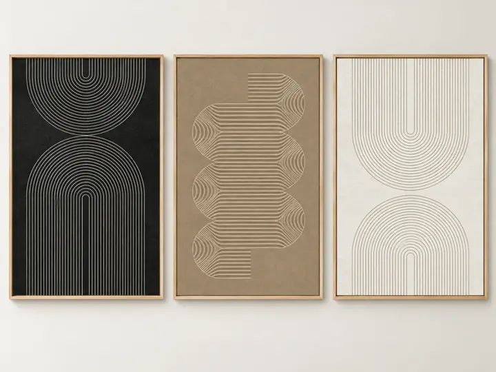 Line arches in black, taupe and cream, raised line relief, oak frames.