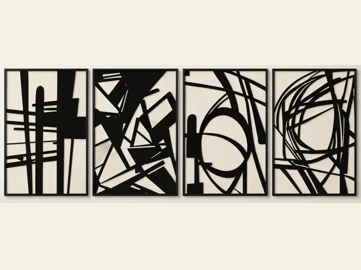Black line art, four pieces, metal cutouts, no frame.