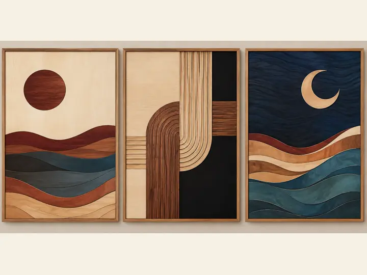 Sun, moon and waves, canvas with a wood inlay look.