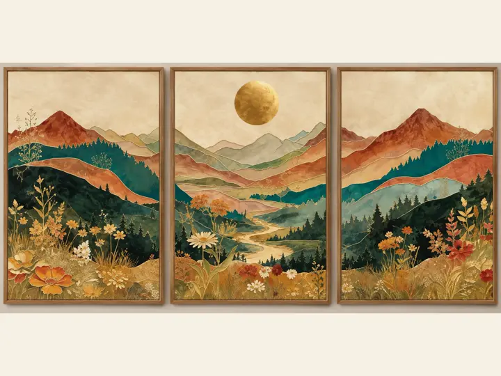 Mountains and wildflowers, canvas with gold accents.