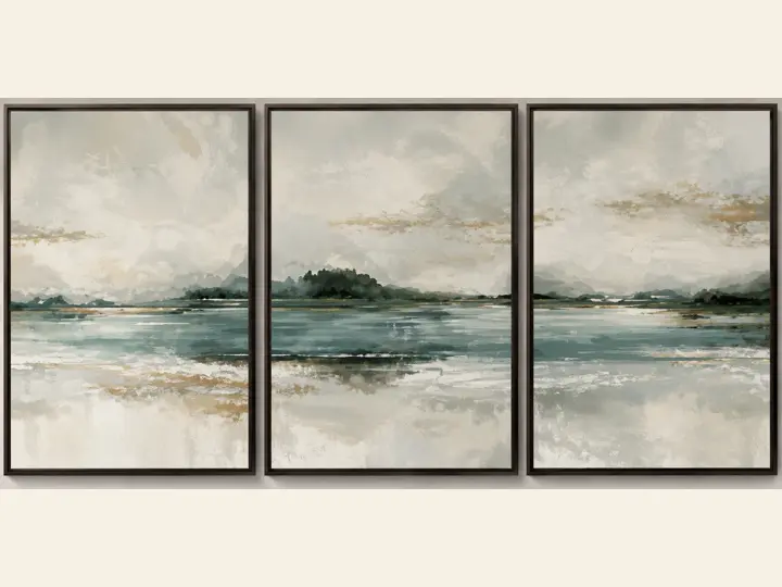 Misty lake, landscape canvas, dark frames.