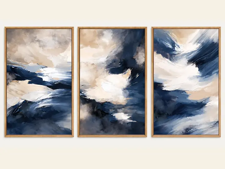 Navy and beige brushstrokes, abstract canvas, oak frames.