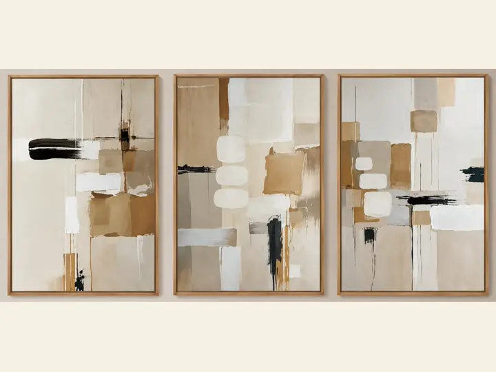 Warm neutral abstract, textured canvas, oak frames.