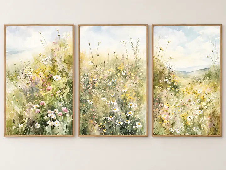 Watercolor wildflower meadow, soft watercolor, oak frames.