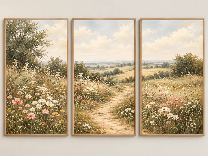 Meadow path, painted landscape, oak frames.
