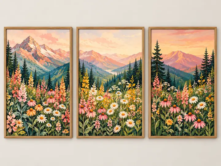 Pink mountains and wildflowers, bright painted canvas.