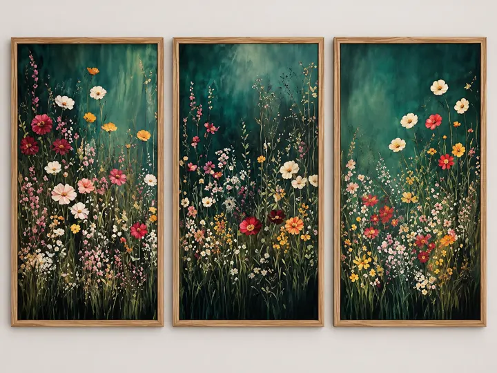 Moody wildflowers on dark green, painted canvas, oak frames.