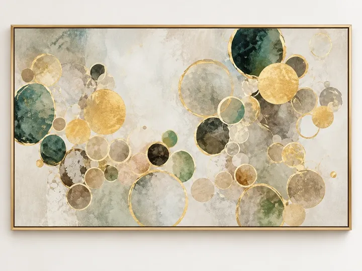 Green and gold circles, canvas, gold frame.