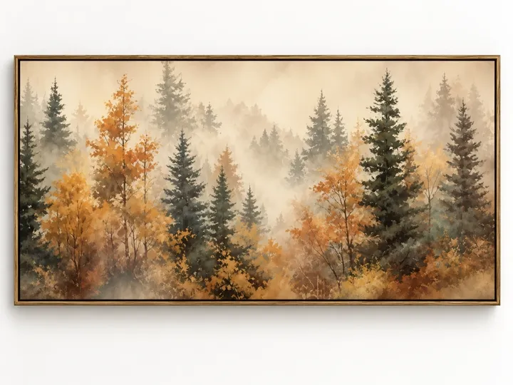 Fall forest in fog, canvas, wood frame.
