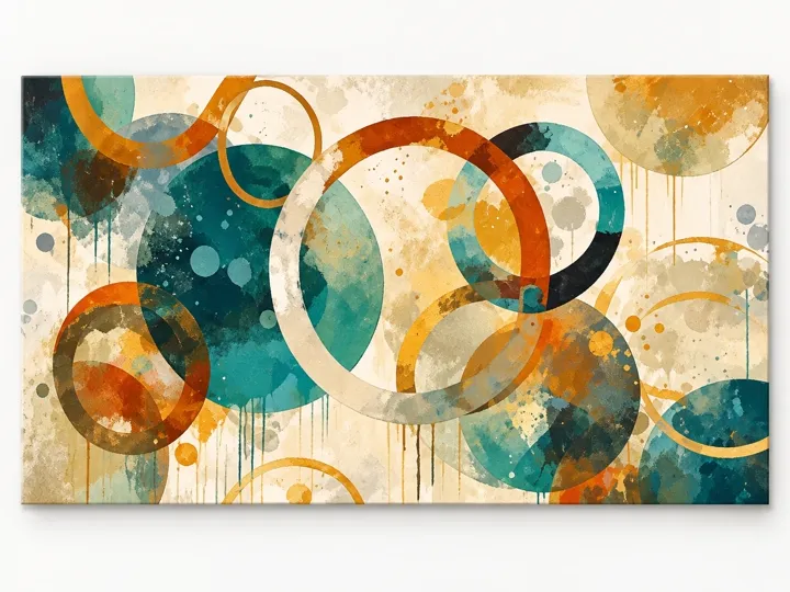 Teal and rust circles, canvas, no frame.