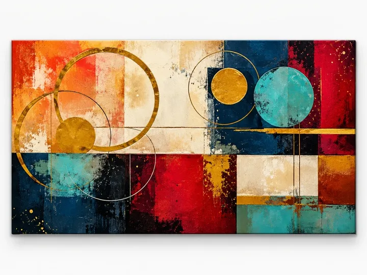 Red, navy and gold blocks, canvas, no frame.