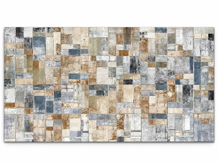 Stone patchwork in rust and blue, canvas, no frame.