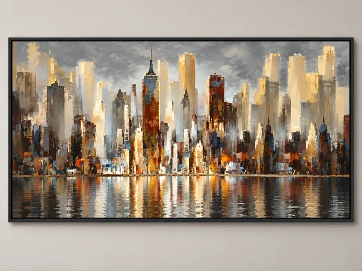 City skyline in brown and gold, canvas, black frame.