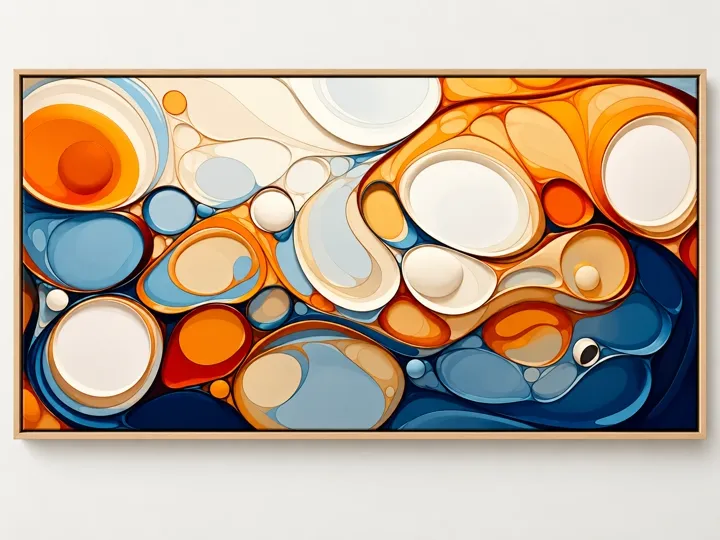 Orange and blue swirls, canvas, light wood frame.