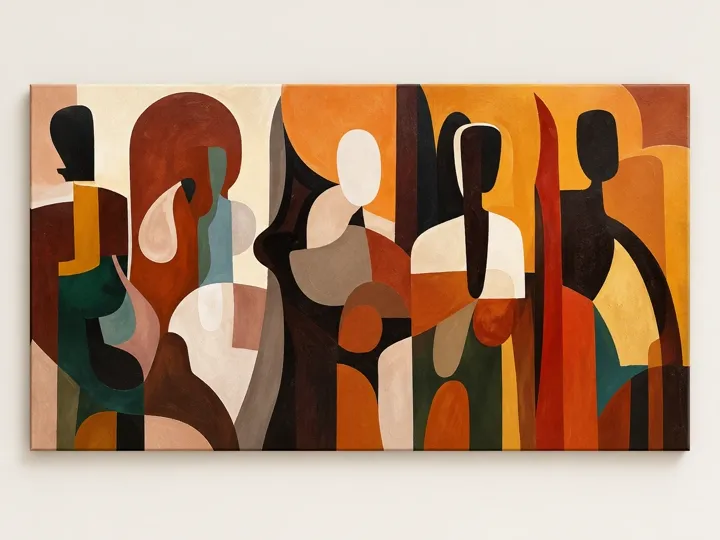 Figures in rust and ochre, canvas, no frame.