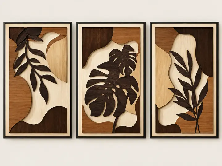 Wood botanical, three panels, layered wood leaves.