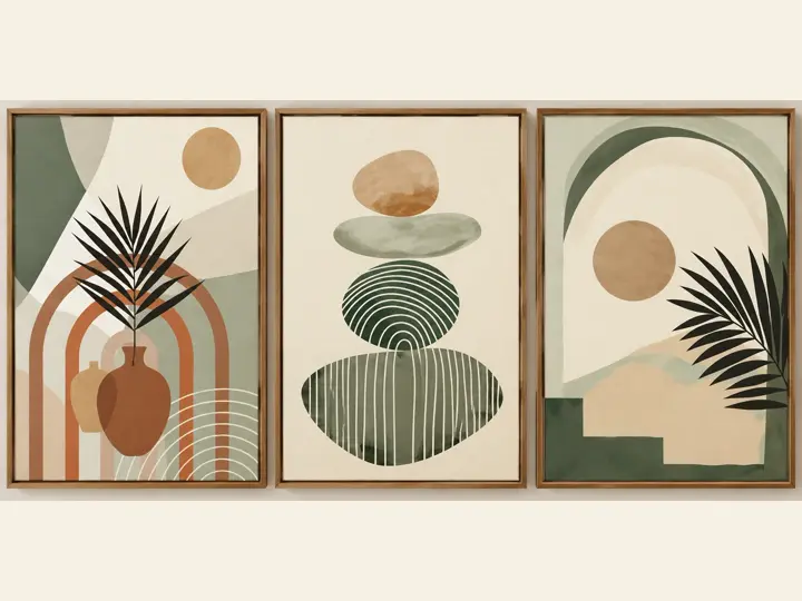 Sage and terracotta arches, canvas in wood frames.