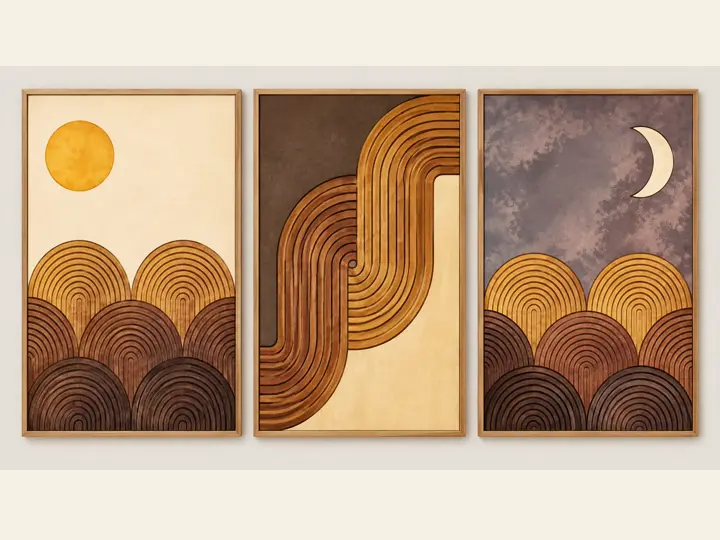 Sun and moon arches, canvas with a carved wood look.