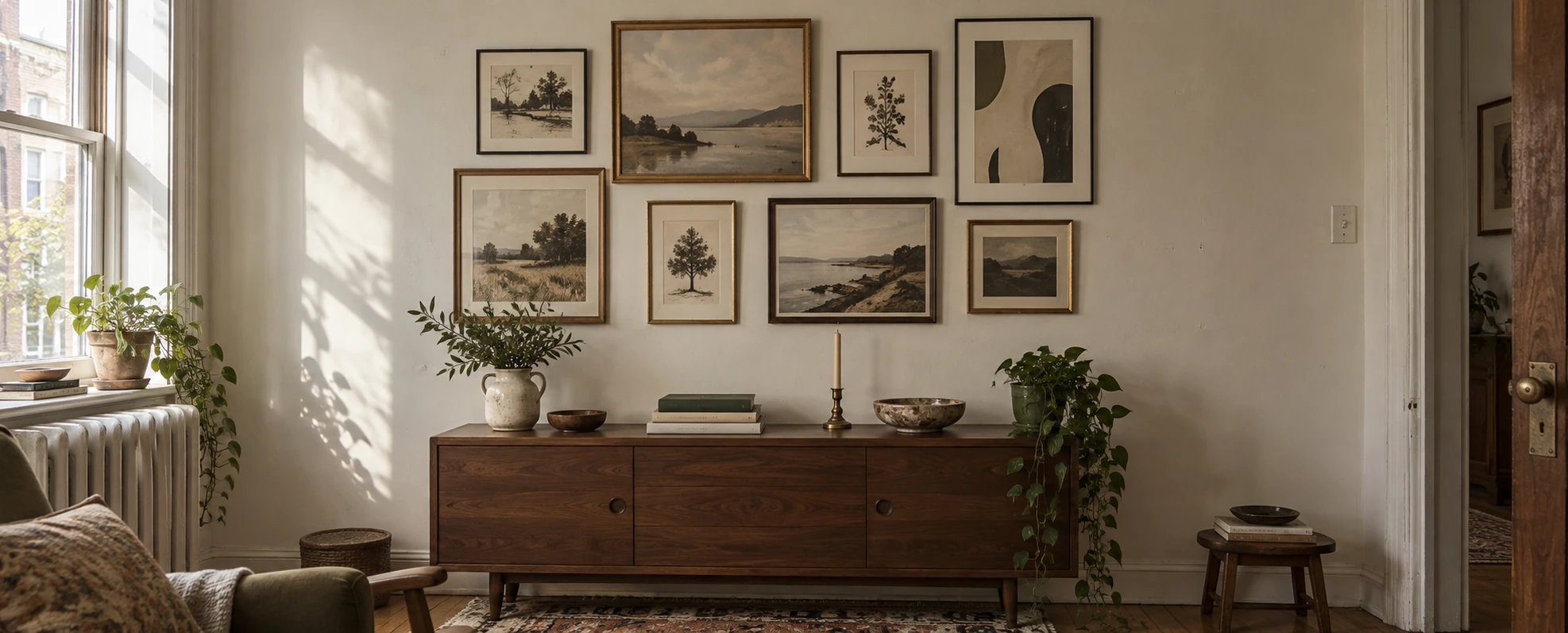 A finished gallery wall in a rental: framed prints of mixed sizes hung in a tight group above a low walnut console, with even gaps between the frames.
