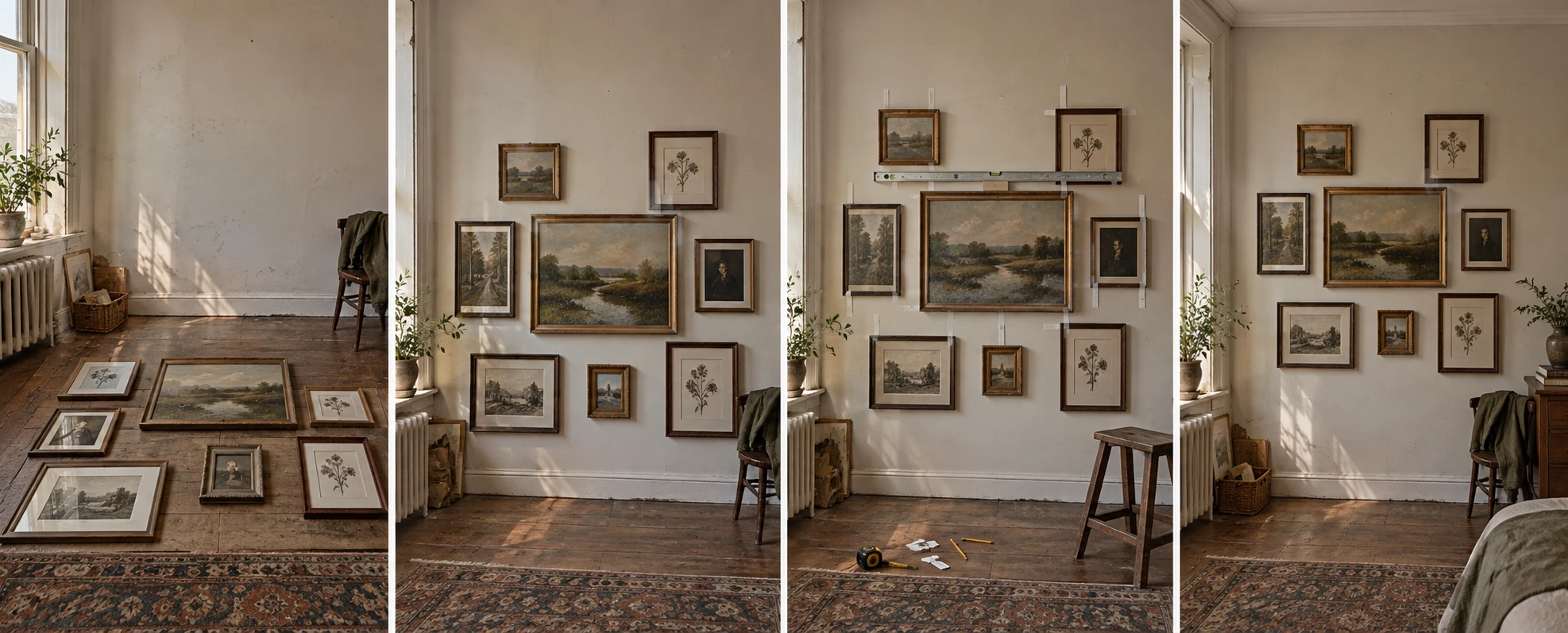The four steps in one sequence: the frames laid out on the floor, the sizes mixed and rearranged, a tape measure checking the gaps between them, and the finished group going up on the wall.