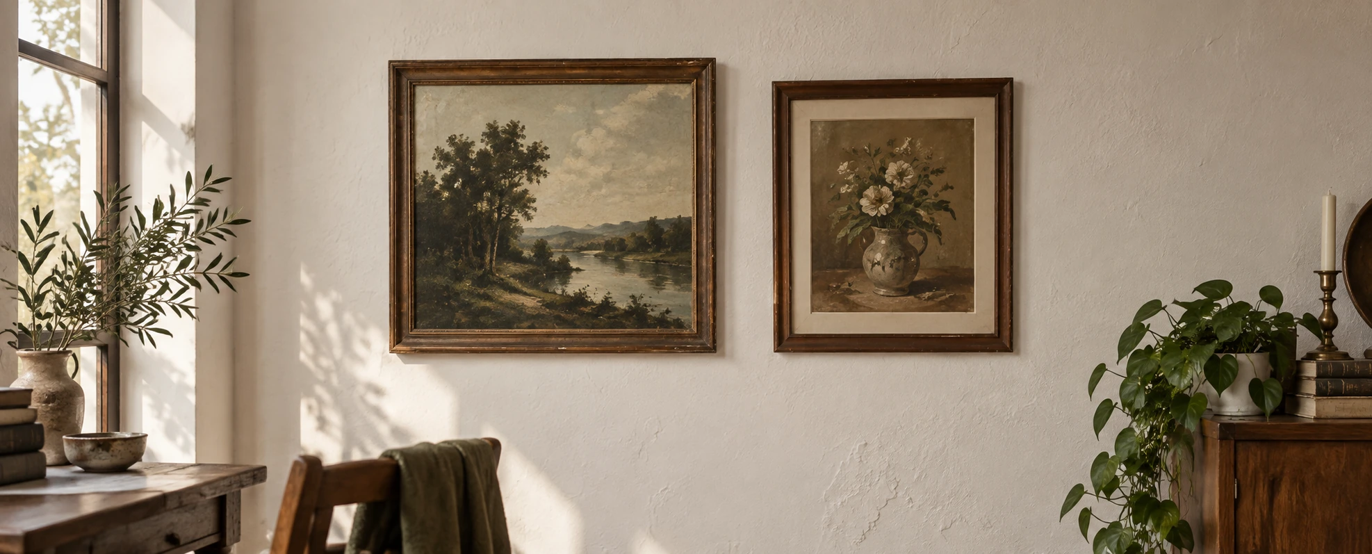 A close view of two framed prints on a wall with an even gap of two to three inches between them.